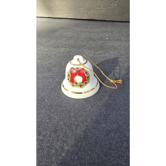 Reutter Porzellan Christmas Bell Ornament Germany Wreath Red Bow Gold Trim Mini - Picture 2 of 4